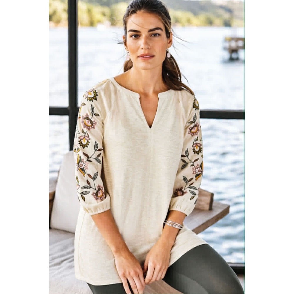 J. Jill Embroidered Sleeve Mixed Media Tunic Top M‎ Cream Floral Boho Peasant